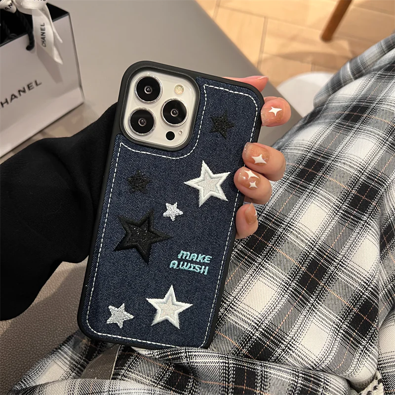 Cute Denim Fabric Embroidery Star Phone Case For iPhone