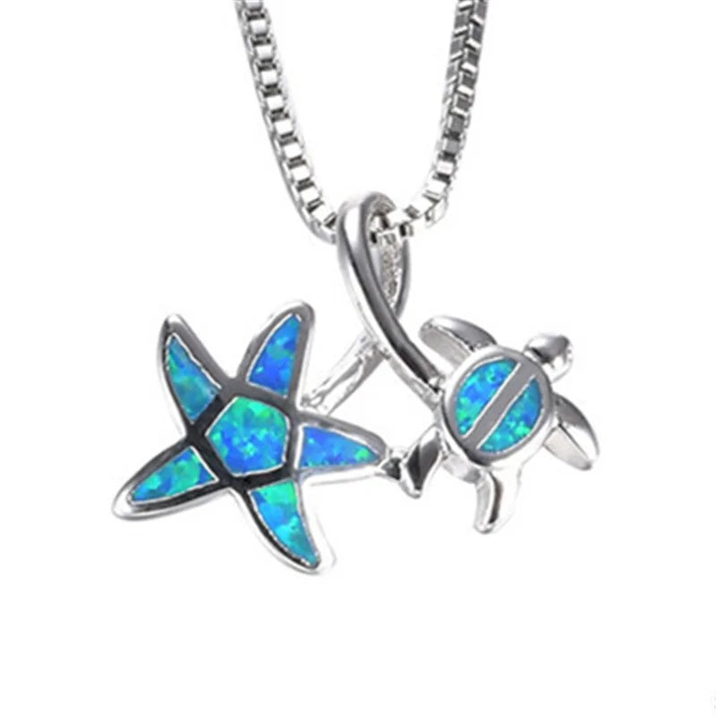 Blue Imitation Opal Sea Turtle Necklace