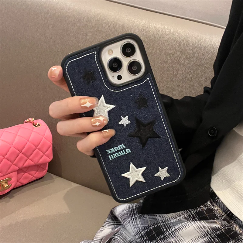 Cute Denim Fabric Embroidery Star Phone Case For iPhone