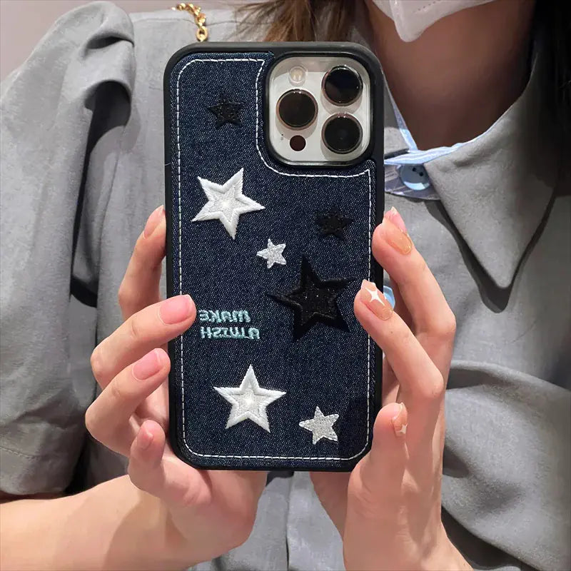 Cute Denim Fabric Embroidery Star Phone Case For iPhone