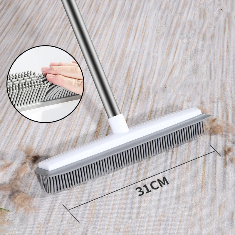 Rubber Broom Carpet Rake with Squeegee Long Handle