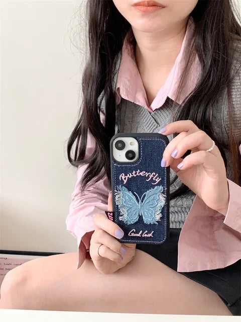 Cute Denim Fabric Embroidery Star Phone Case For iPhone